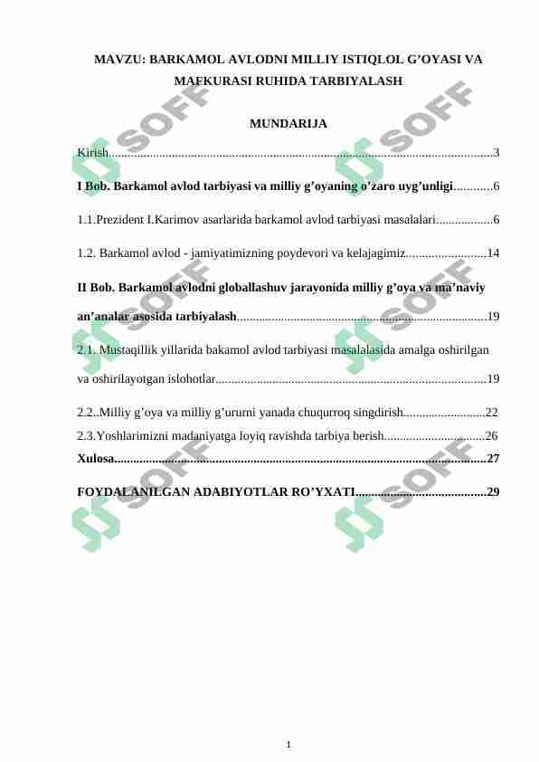 BARKAMOL AVLODNI MILLIY ISTIQLOL G’OYASI VA MAFKURASI RUHIDA TARBIYALASH