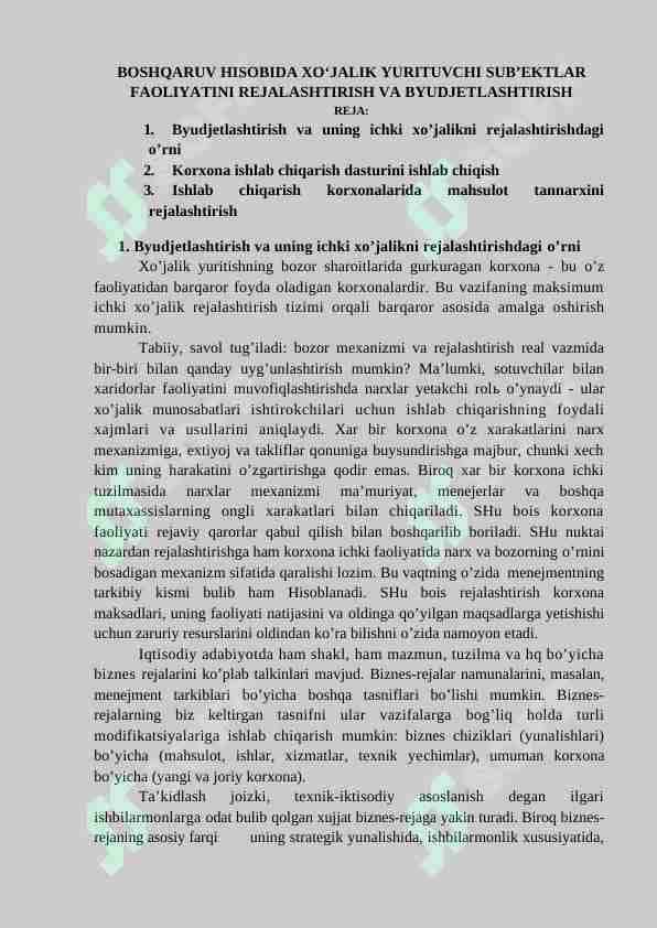 BOSHQARUV HISOBIDA XO‘JALIK YURITUVCHI SUB’EKTLAR FAOLIYATINI REJALASHTIRISH VA BYUDJETLASHTIRISH