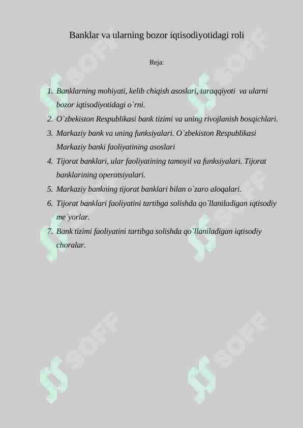Banklar va ularning bozor iqtisodiyotidagi o'rni