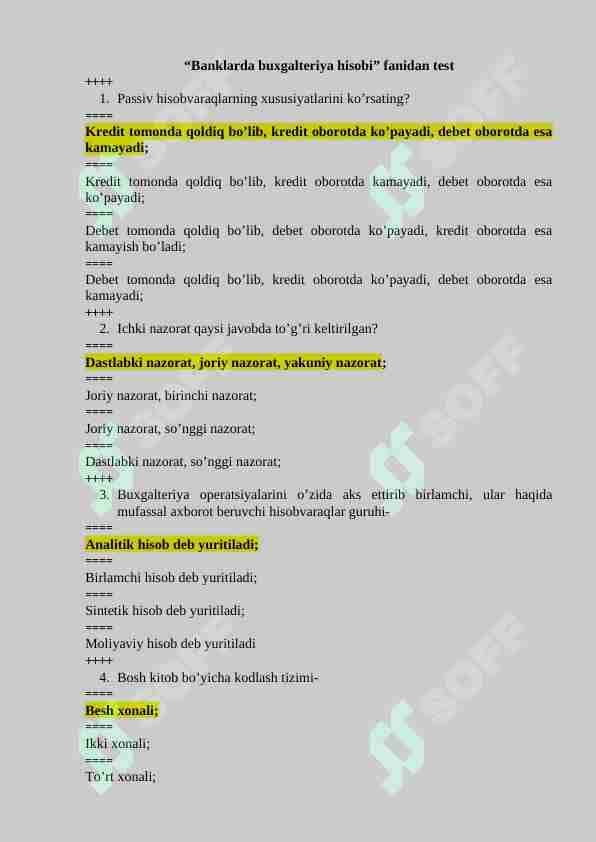 Banklarda buxgalteriya hisobi fanidan 100 talik test javoblari bilan