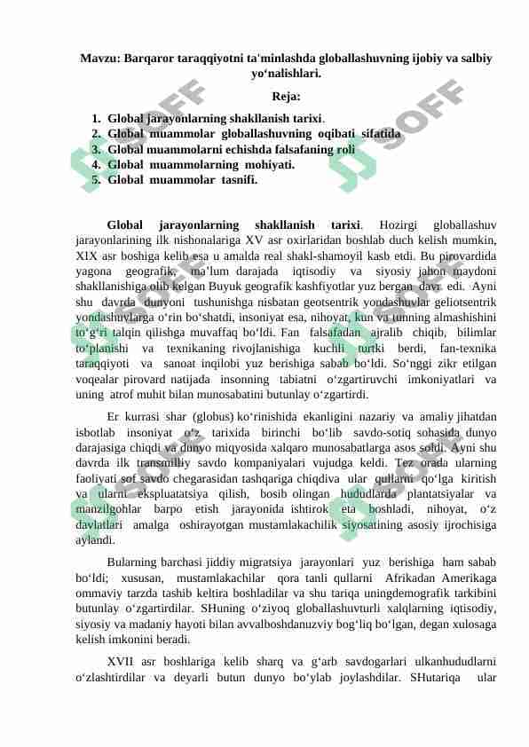 Barqaror taraqqiyotni ta'minlashda globallashuvning ijobiy va salbiy yo‘nalishlari.