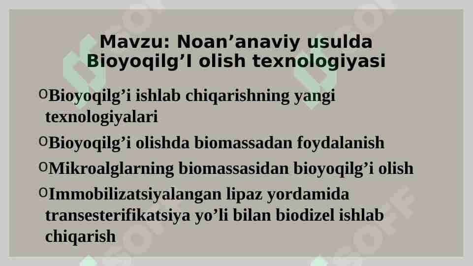 Noan’anaviy usulda Bioyoqilg’I olish texnologiyasi