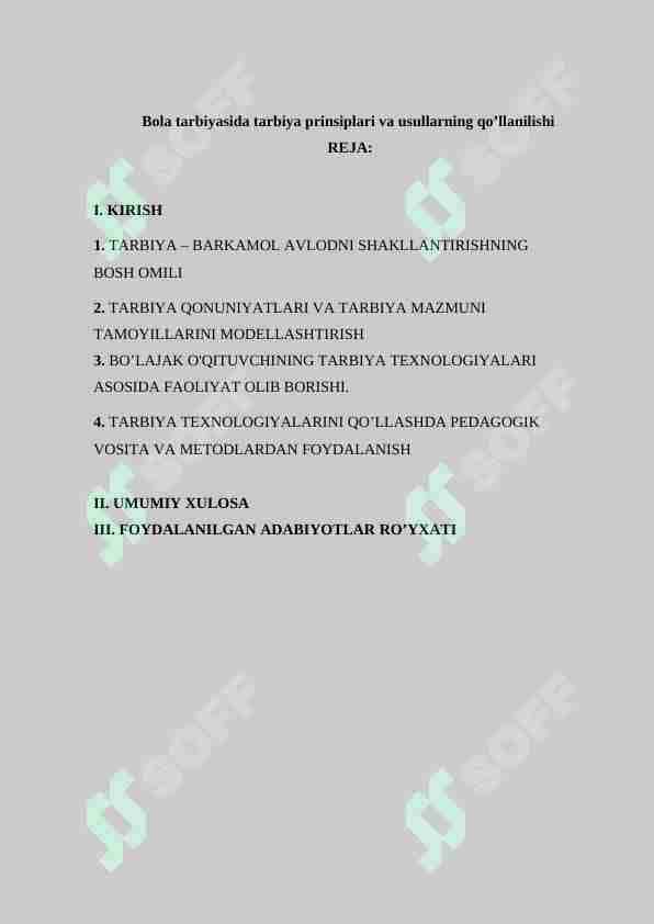 Bola tarbiyasida tarbiya prinsiplari va usullarning qo’llanilishi