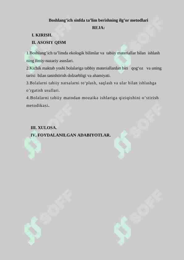 Boshlang’ich sinfda ta’lim berishning ilg’or metodlari