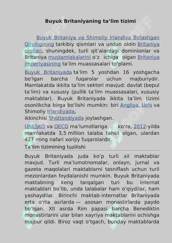 Buyuk Britaniyada ta'lim tizimi