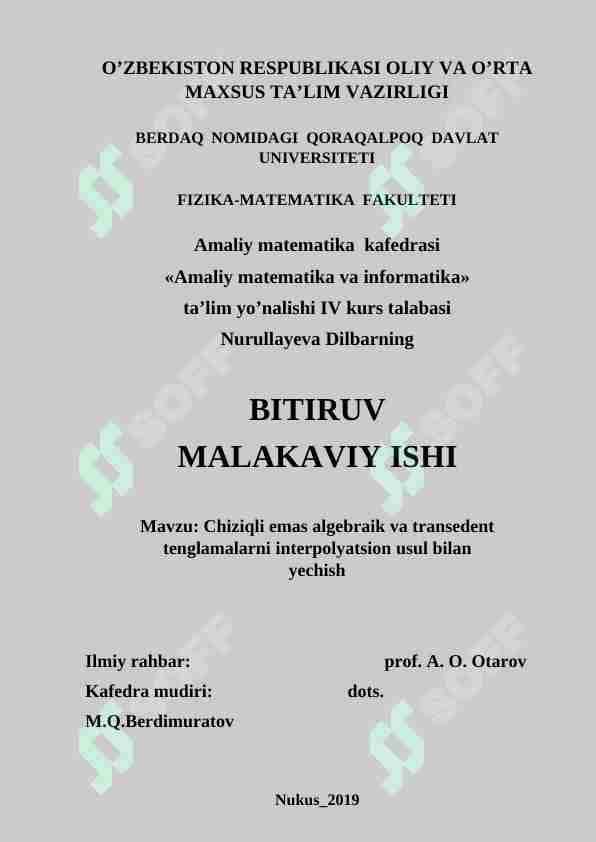 Chiziqli emas algebraik va transedent tenglamalarni interpolyatsion usul bilan yechish