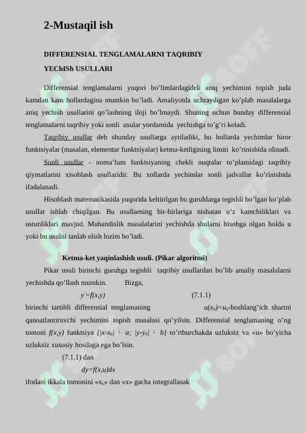 DIFFERENSIAL TENGLAMALARNI TAQRIBIY YEChISh USULLARI