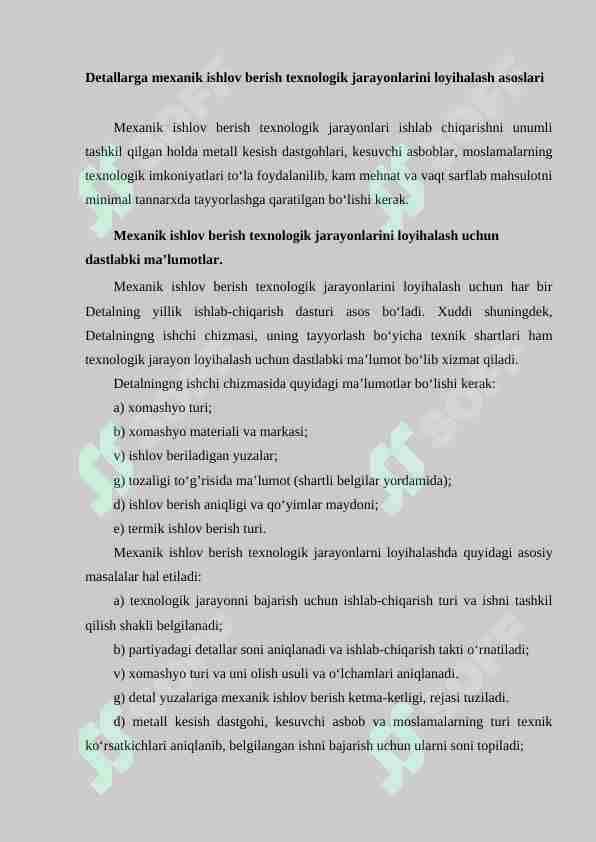Detallarga mexanik ishlov berish texnologik jarayonlarini loyihalash asoslari