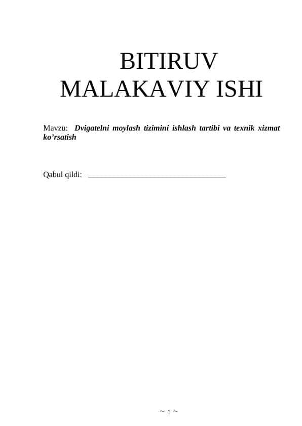 Dvigatelni moylash tizimini ishlash tartibi va texnik xizmat ko’rsatish BMI