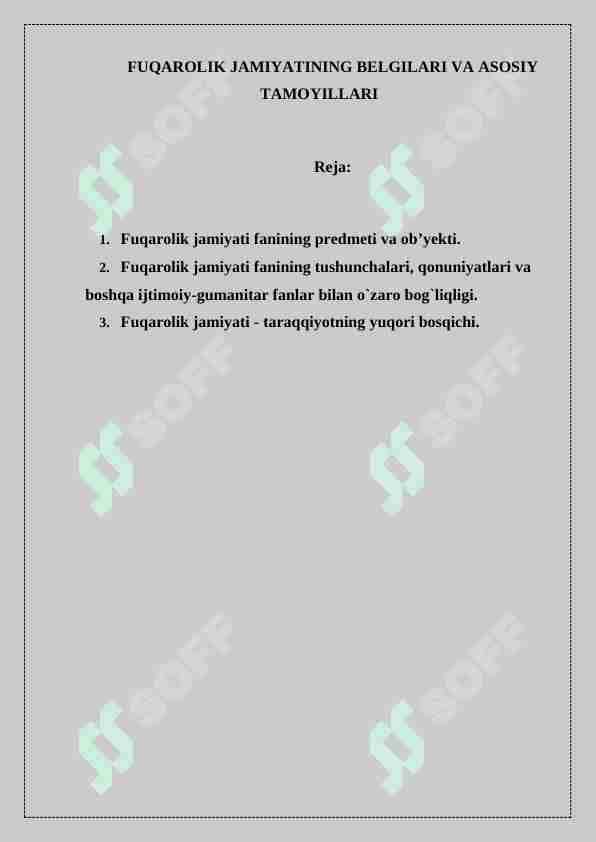 FUQAROLIK JAMIYATINING BELGILARI VA ASOSIY TAMOYILLARI
