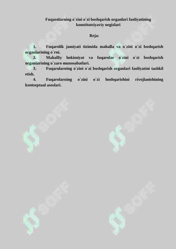 Fuqarolarning o`zini o`zi boshqarish organlari faoliyatining konstitutsiyaviy negizlari