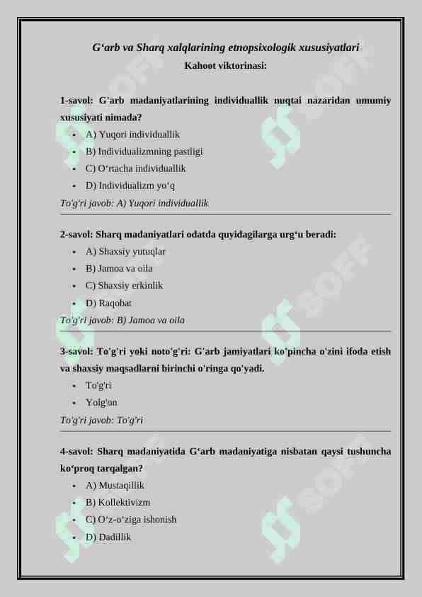 G‘arb va Sharq xalqlarining etnopsixologik xususiyatlari