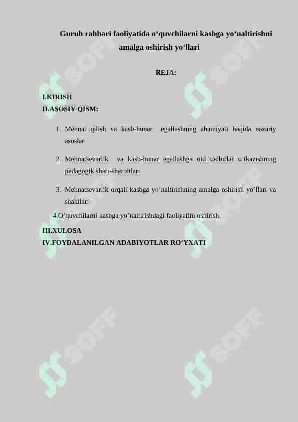 Guruh rahbari faoliyatida o‘quvchilarni kasbga yo‘naltirishni amalga oshirish yo‘llari