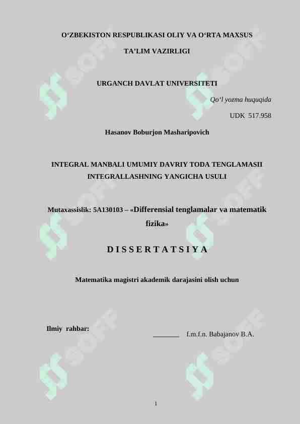 INTEGRAL MANBALI UMUMIY DAVRIY TODA TENGLAMASII INTEGRALLASHNING YANGICHA USULI