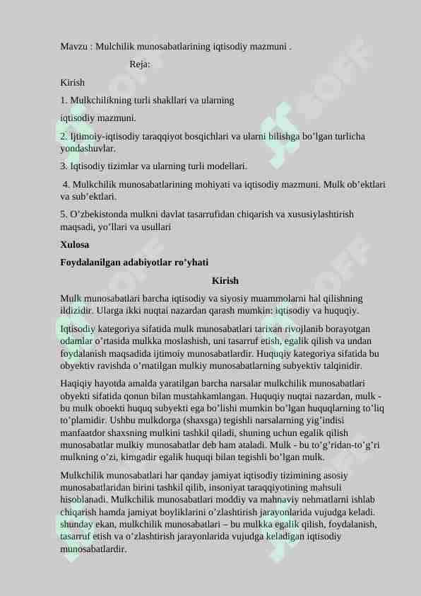Mulchilik munosabatlarining iqtisodiy mazmuni