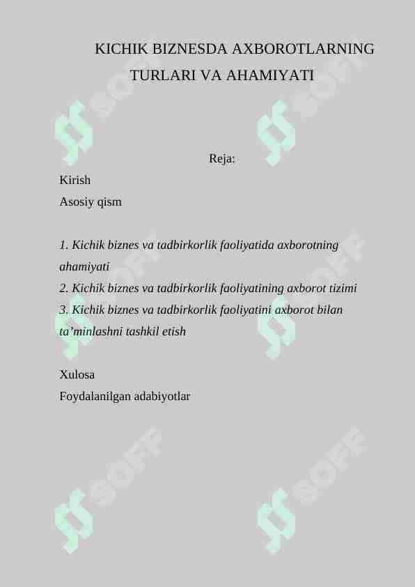 KICHIK BIZNESDA AXBOROTLARNING TURLARI VA AHAMIYATI
