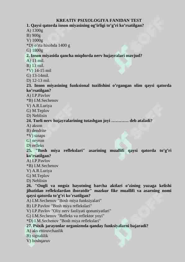 KREATIV PSIXOLOGIYA FANIDAN TEST