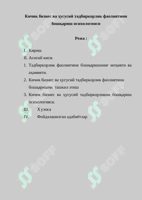 Kichik biznes va tadbirkorlik faoliyatini boshqarish psixologiyasi