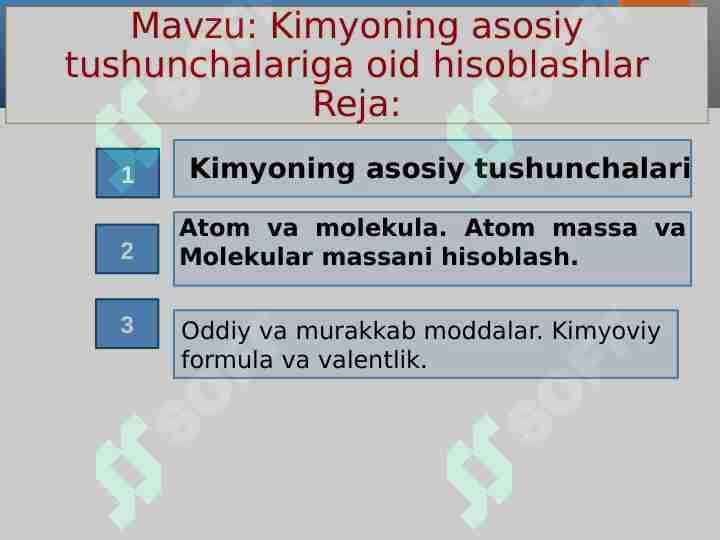 Kimyoning asosiy tushunchalariga oid hisoblashlar