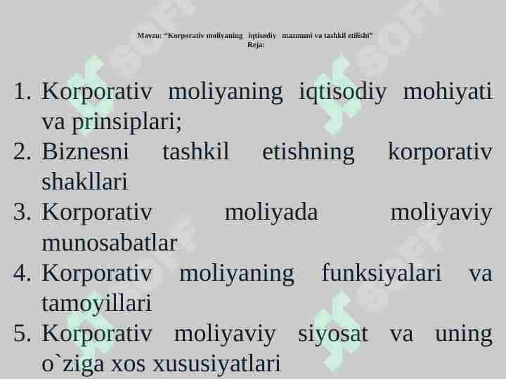 Korporativ moliyaning iqtisodiy mazmuni va tashkil etilishi