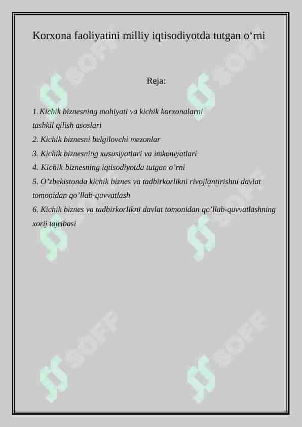 Korxona faoliyatini milliy iqtisodiyotda tutgan oʻrni