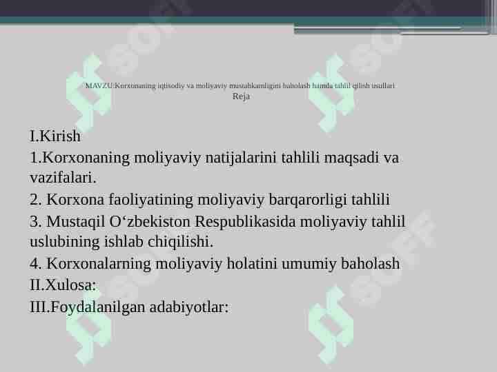 Korxonaning iqtisodiy va moliyaviy mustahkamligini baholash hamda tahlil qilish usullari