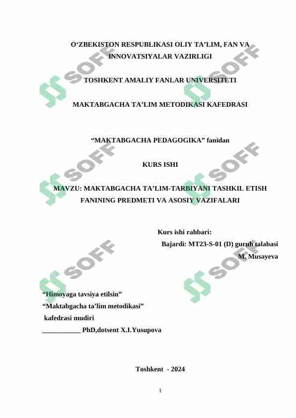Maktabgacha ta'lim tarbiyani tashkil etish fani