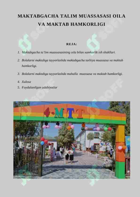 MAKTABGACHA TALIM MUASSASASI OILA VA MAKTAB HAMKORLIGI