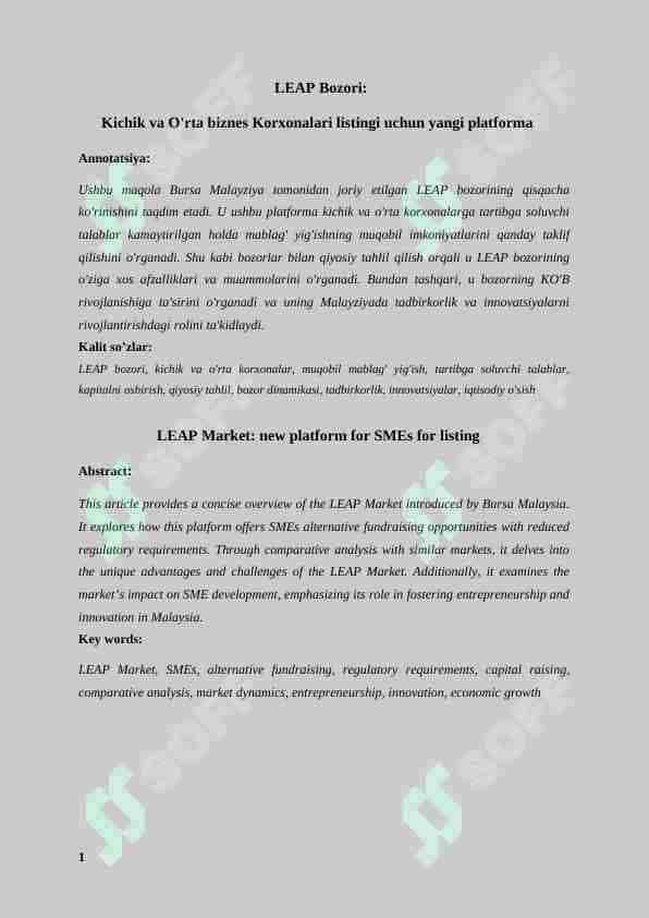 Kichik va O'rta biznes Korxonalari listingi uchun yangi platforma(LEAP bozori);