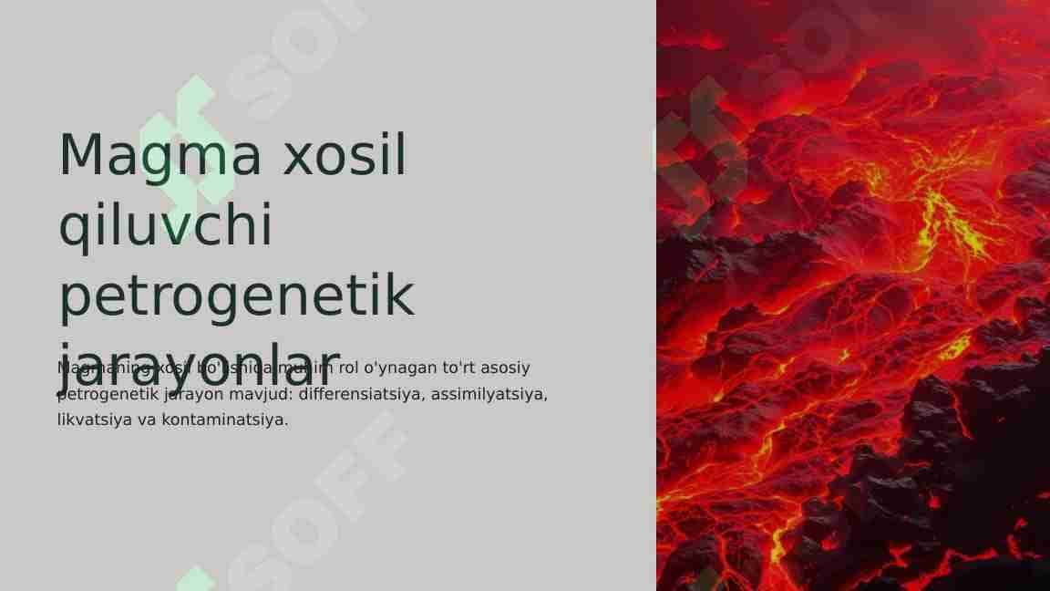 Magma xosil qiluvchi petrogenetik jarayonlar differensiatsiya, assimilyatsiya, likvatsiya va kontaminatsiya