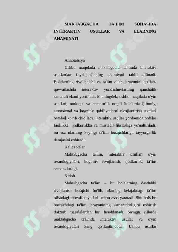 Maktabgacha taʼlim sohasidagi interaktiv usullar va ularning ahamiyati
