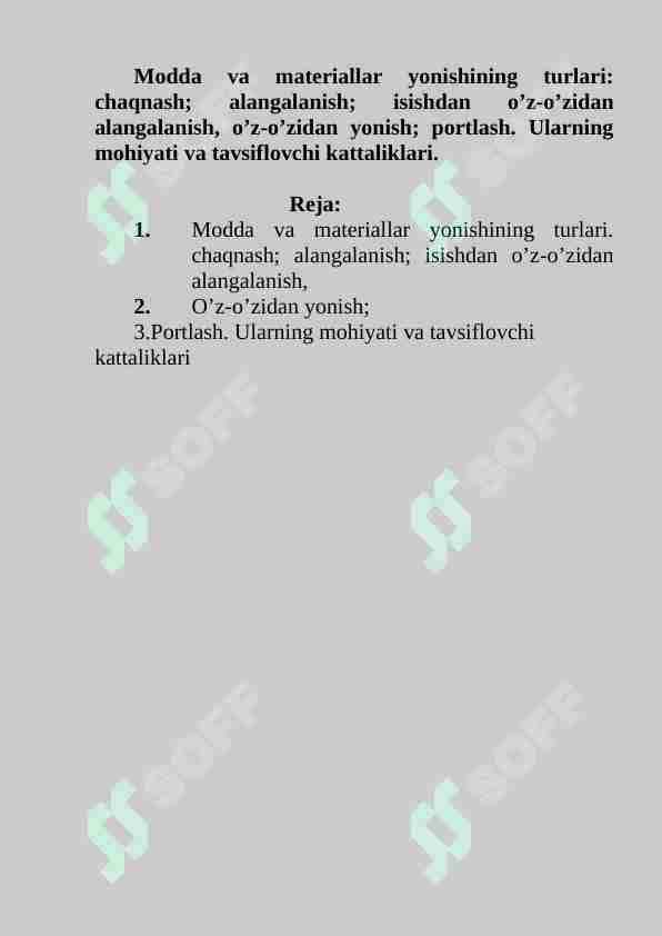 Modda va materiallar yonishining turlari