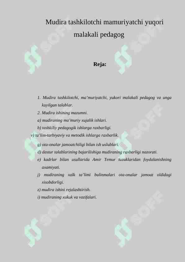 Mudira tashkilotchi mamuriyatchi yuqori malakali pedagog