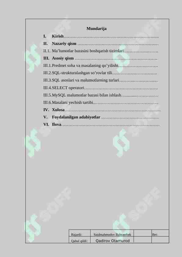 MySQL malumotlar bazasi bilan ishlash