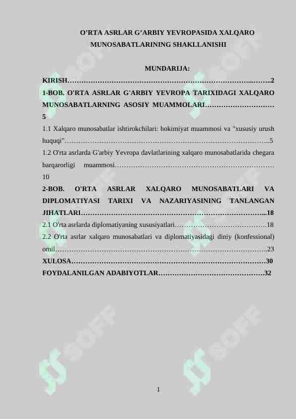 O’RTA ASRLAR G’ARBIY YEVROPASIDA XALQARO MUNOSABATLARINING SHAKLLANISHI