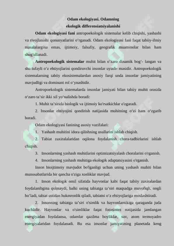 Odam ekologiyasi. Odamning ekologik differensiatsiyalanishi