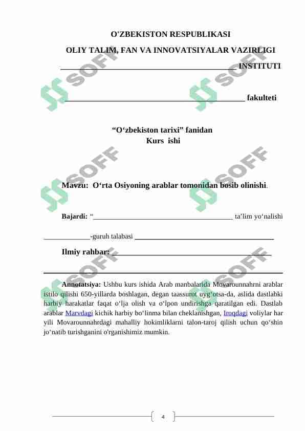 O‘rta Osiyoning arablar tomonidan bosib olinishi.