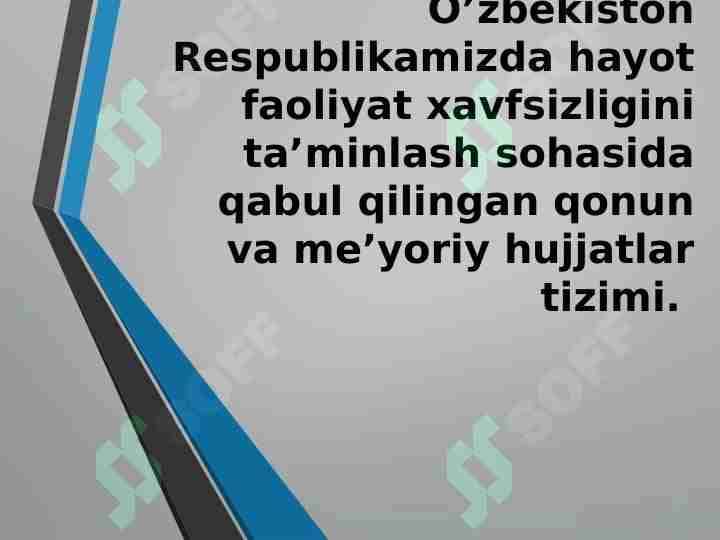 O’zbekiston Respublikamizda hayot faoliyat xavfsizligini ta’minlash sohasida qabul qilingan qonun va me’yoriy hujjatlar tizimi.