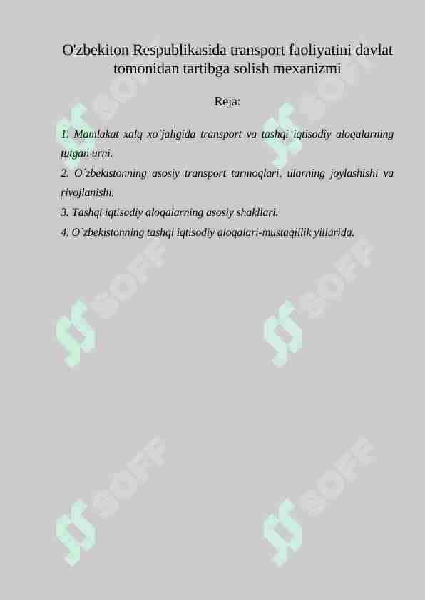 O'zbekiton Respublikasida transport faoliyatini davlat tomonidan tartibga solish mexanizmi