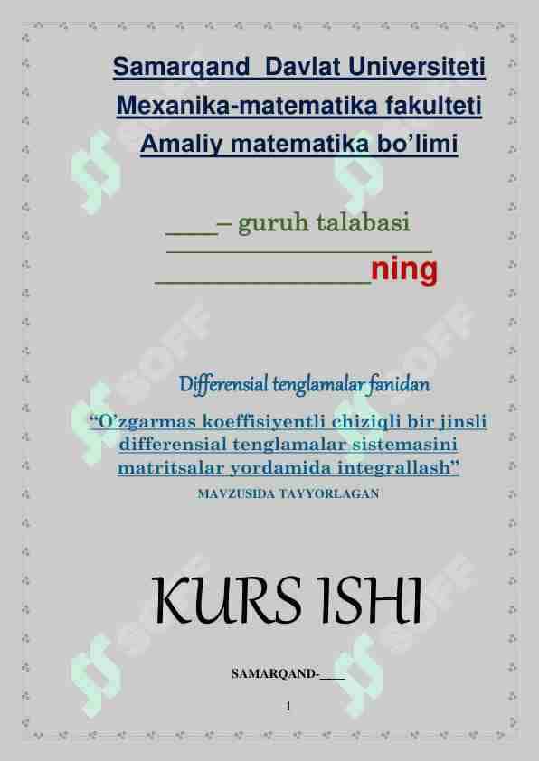 O’zgarmas koeffisiyentli chiziqli bir jinsli kurs ishi