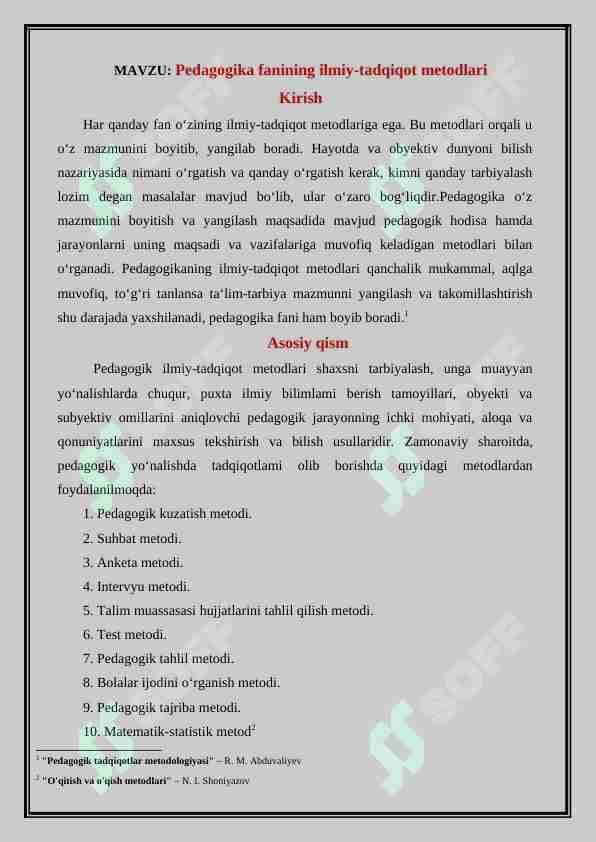 Pedagogika fanining ilmiy-tadqiqot metodlari