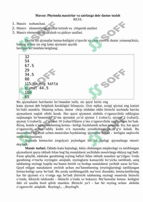 phytonda massivlar va satrlarga oid dasturlar tuzish