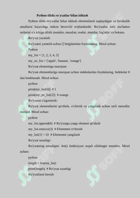 Python tilida ro'yxatlar bilan ishlash