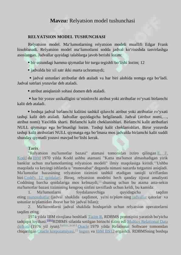 Relyatsion model tushunchasi