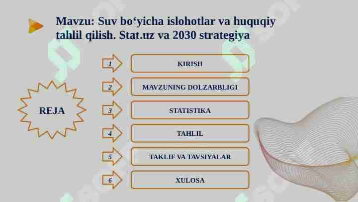 Suv boʻyicha islohotlar va huquqiy tahlil qilish. Stat.uz va 2030 strategiya