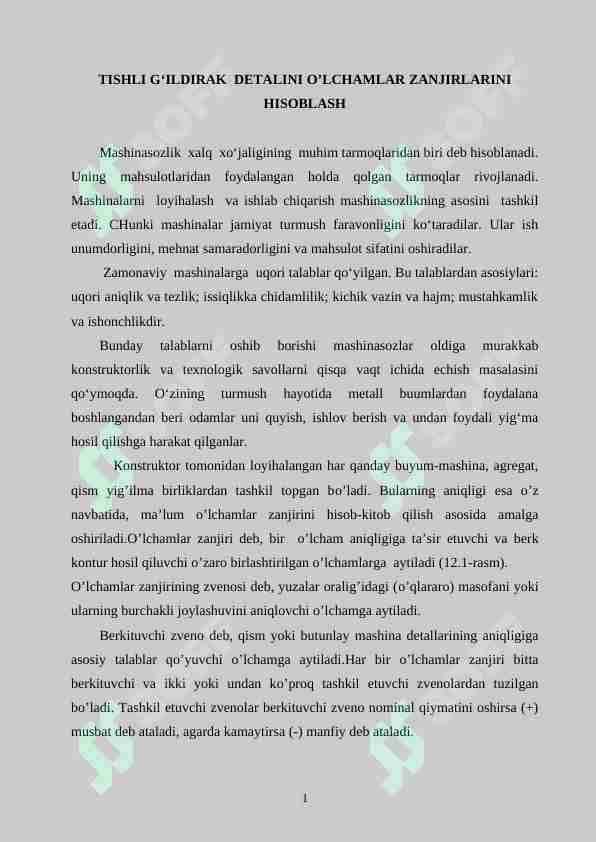 TISHLI G‘ILDIRAK DETALINI O’LCHAMLAR ZANJIRLARINI HISOBLASH