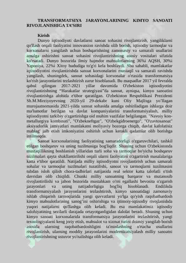 TRANSFORMATSIYA JARAYONLARINING KIMYO SANOATI RIVOJLANISHIGA TA’SIRI