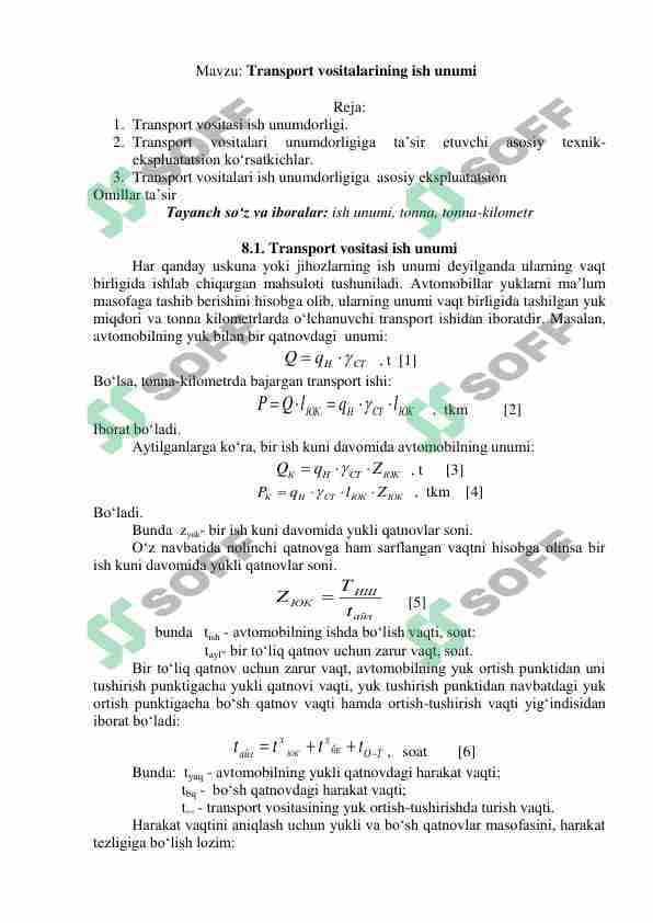 Transport vositalarining ish unumi