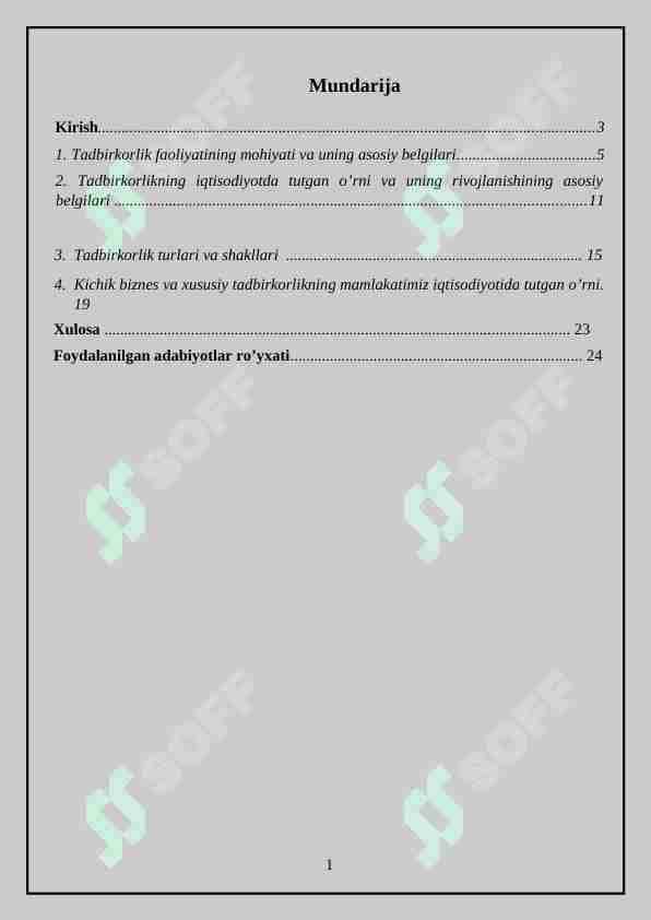 Tadbirkorlik faoliyati turlari va asosiy shakllari. kurs ishi