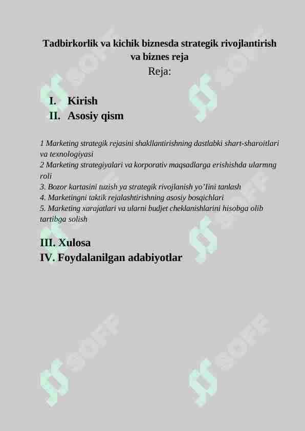 Tadbirkorlik va kichik biznesda strategik rivojlantirish va biznes reja